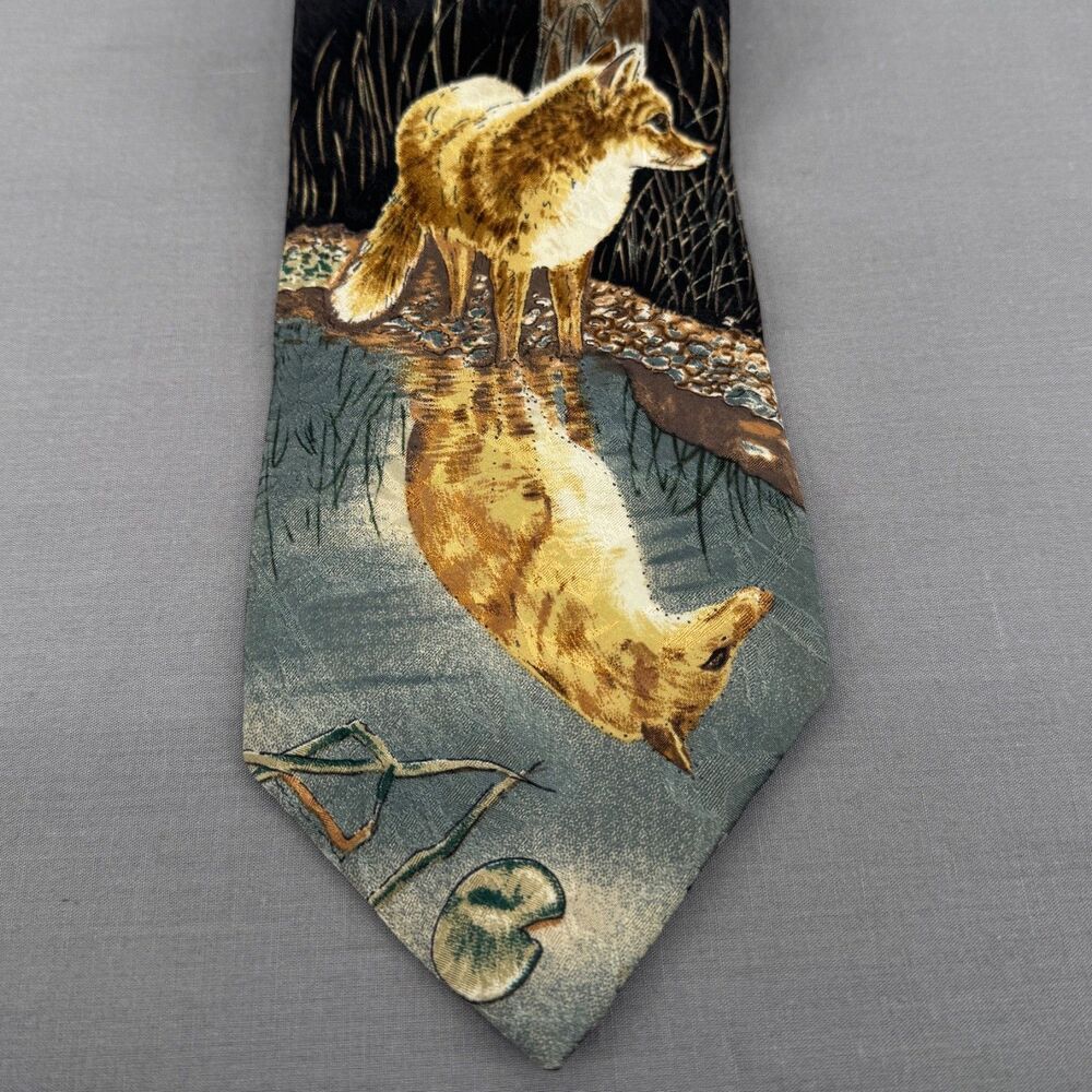 Vintage Endangered Species Fox Neck Tie 100% Silk  59.5" x 4" Wide Made in USA